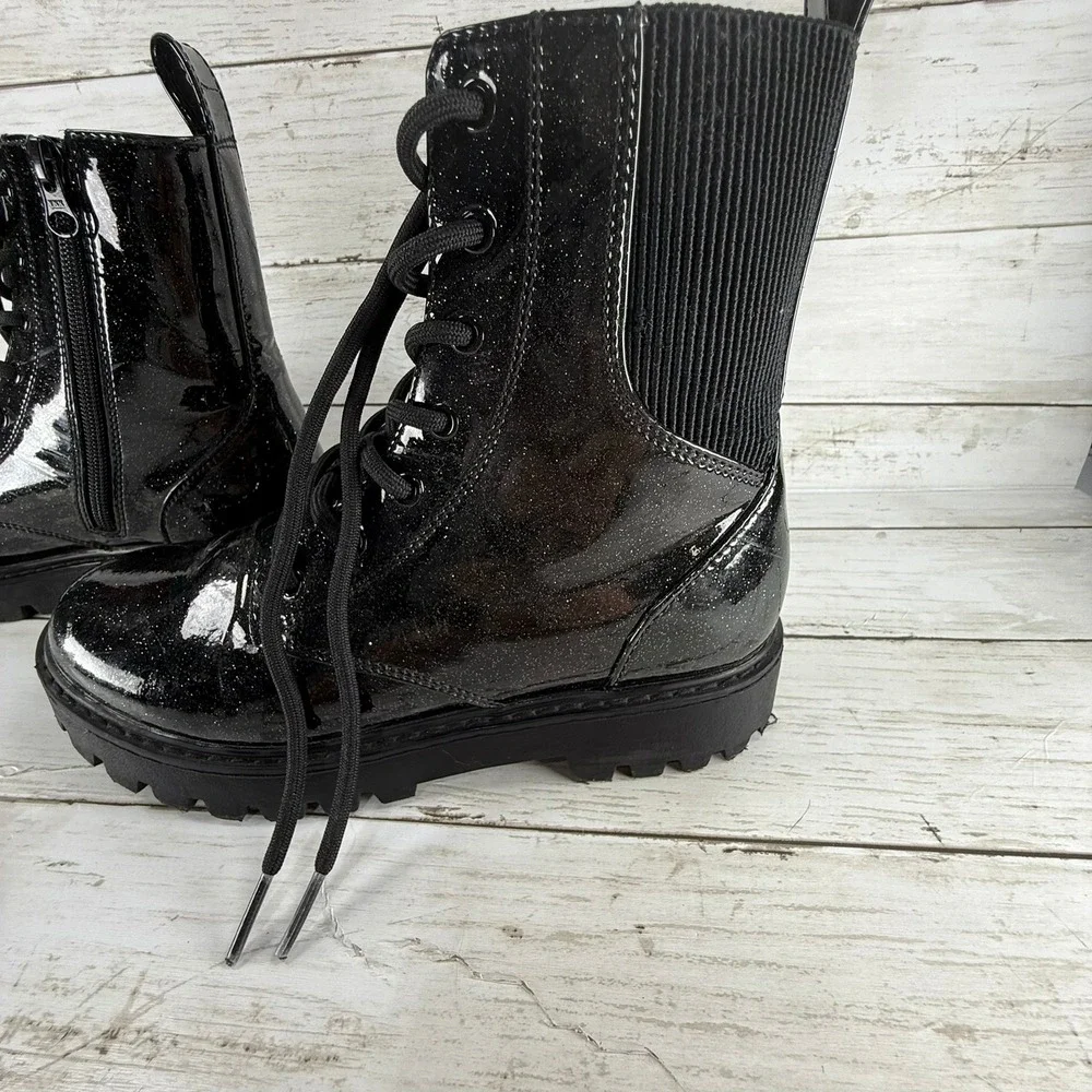 Kids Black Glitter‎ Patent Combat Boots Side Zip Lug Sole Size 4